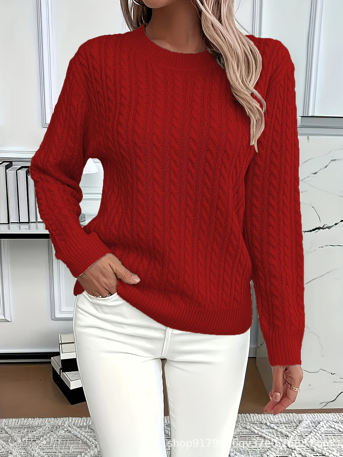 Women's Cable Knit Crew Neck Sweater in Red