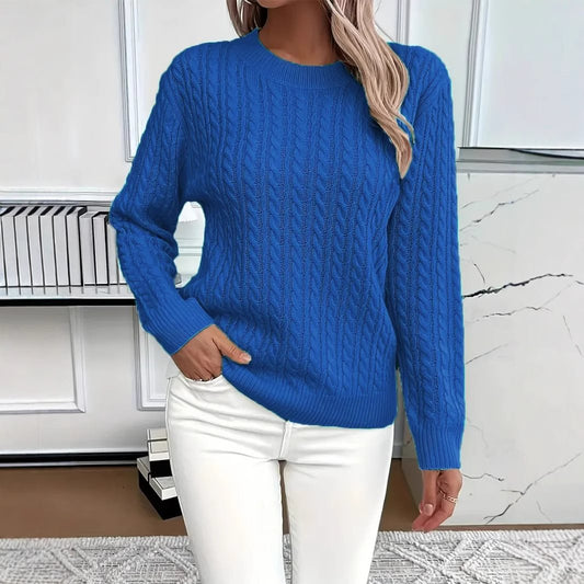 Women's Cable Knit Crew Neck Sweater in Royal Blue