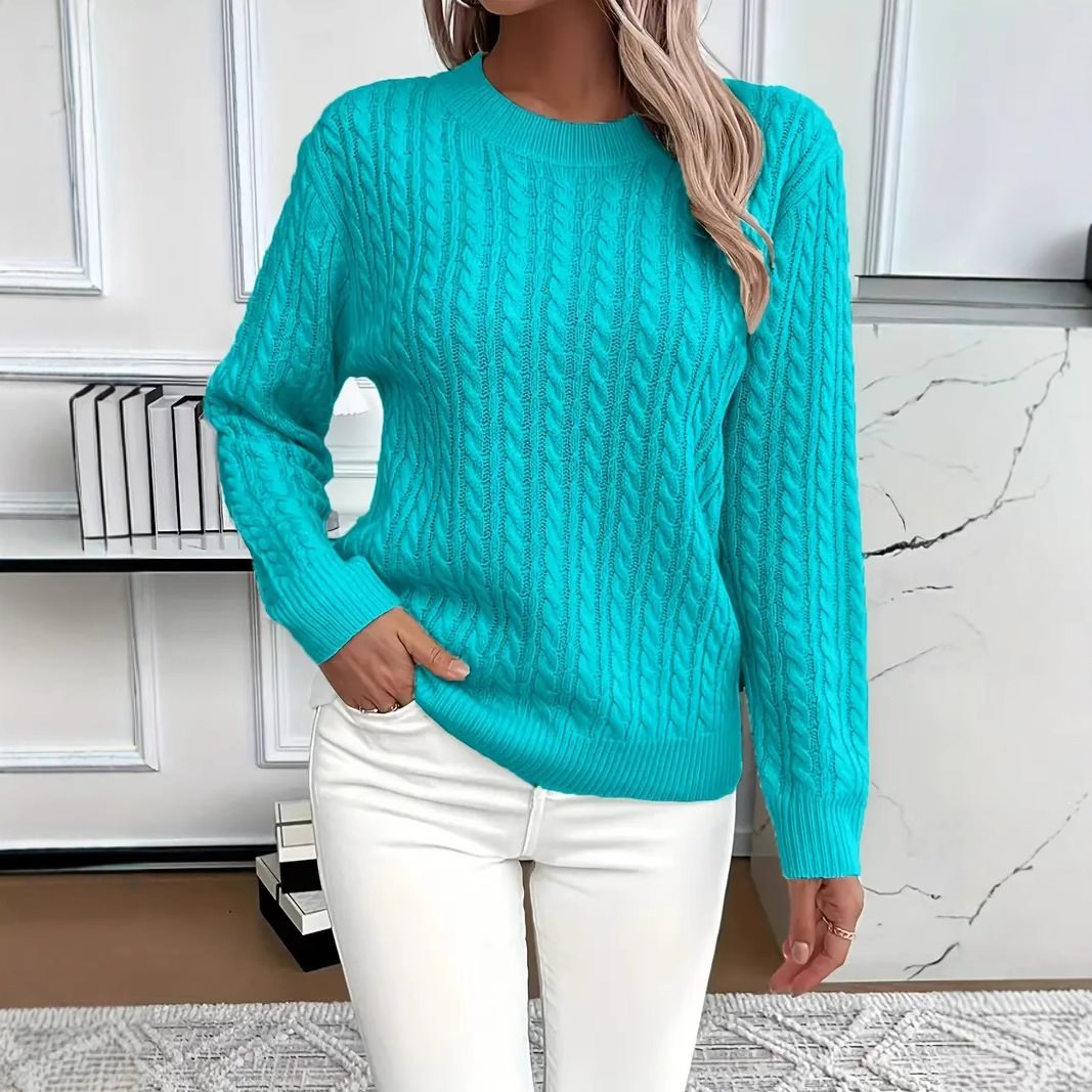 Women's Cable Knit Crew Neck Sweater in Turquoise Blue