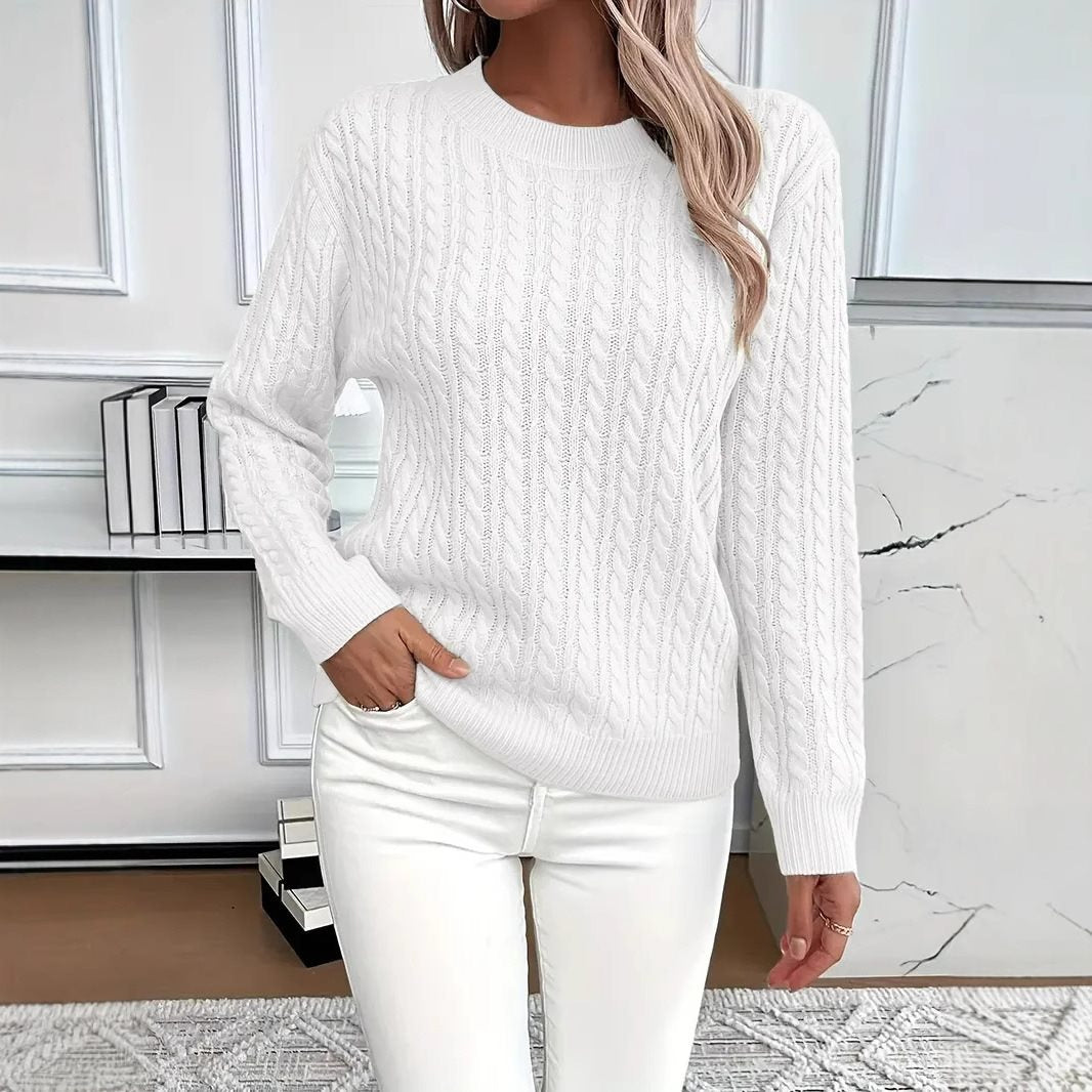 Women's Cable Knit Crew Neck Sweater in White