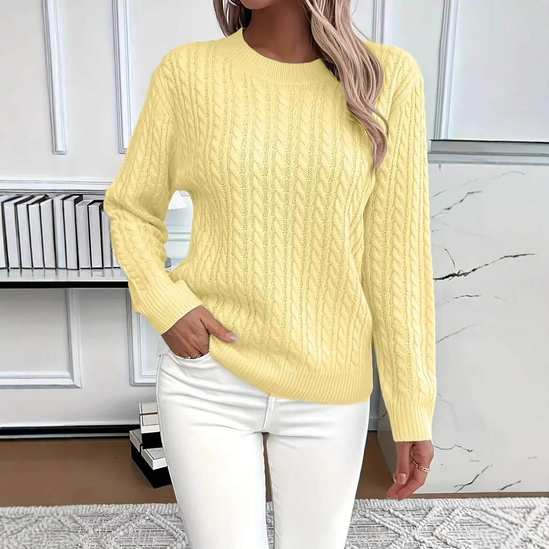 Women's Cable Knit Crew Neck Sweater in Yellow