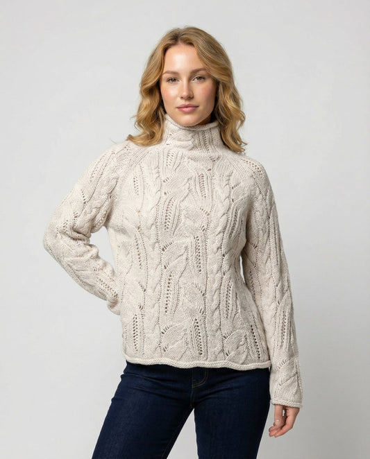 Women's Cable Knit Turtleneck Sweater in Oat Beige