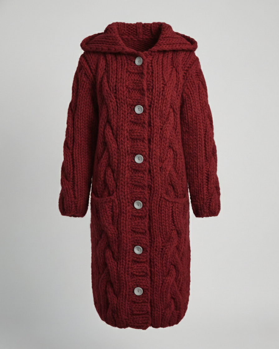 Women's Chunky Cable Knit Cardigan in Burgundy
