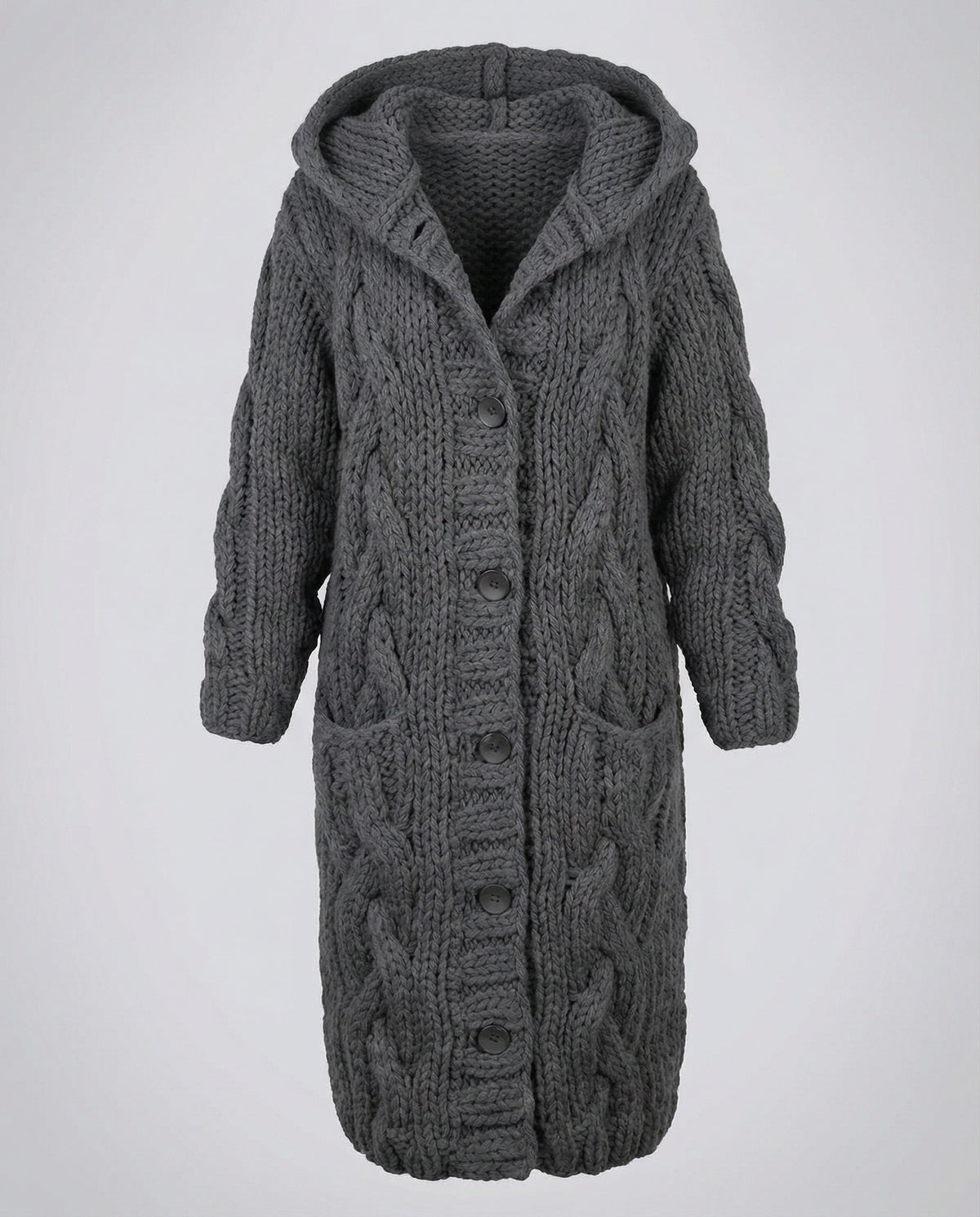 Women's Chunky Cable Knit Cardigan in Charcoal Gray