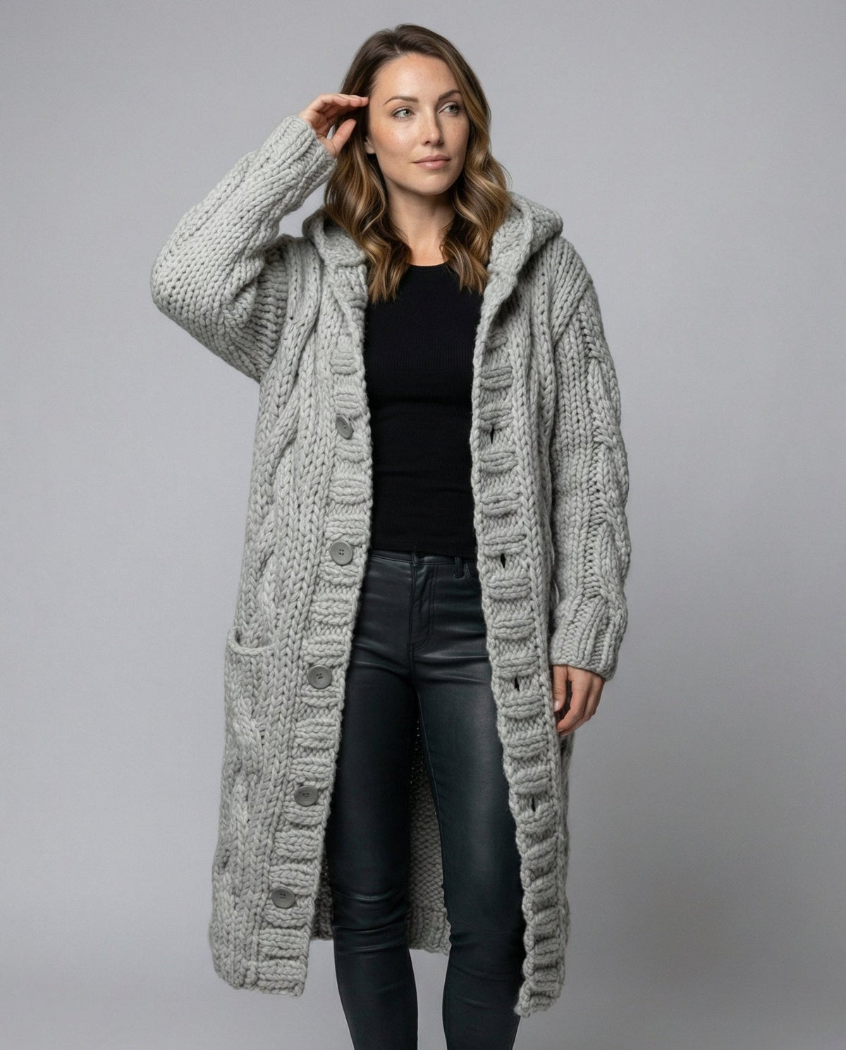 Women's Chunky Cable Knit Cardigan in Light Gray