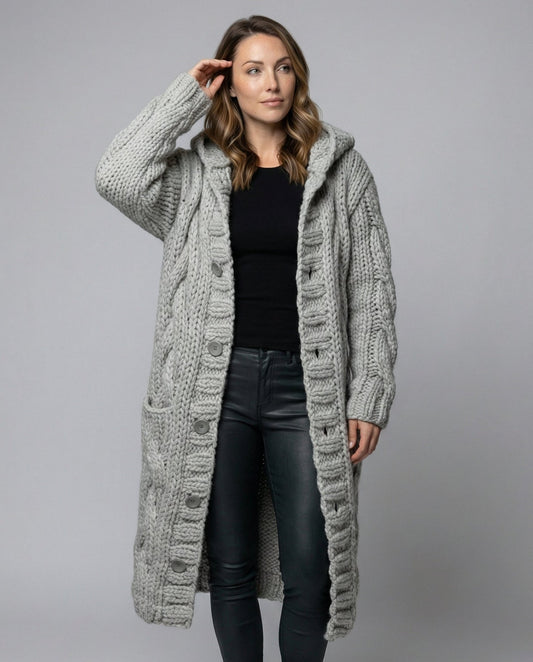 Women's Chunky Cable Knit Cardigan in Light Gray
