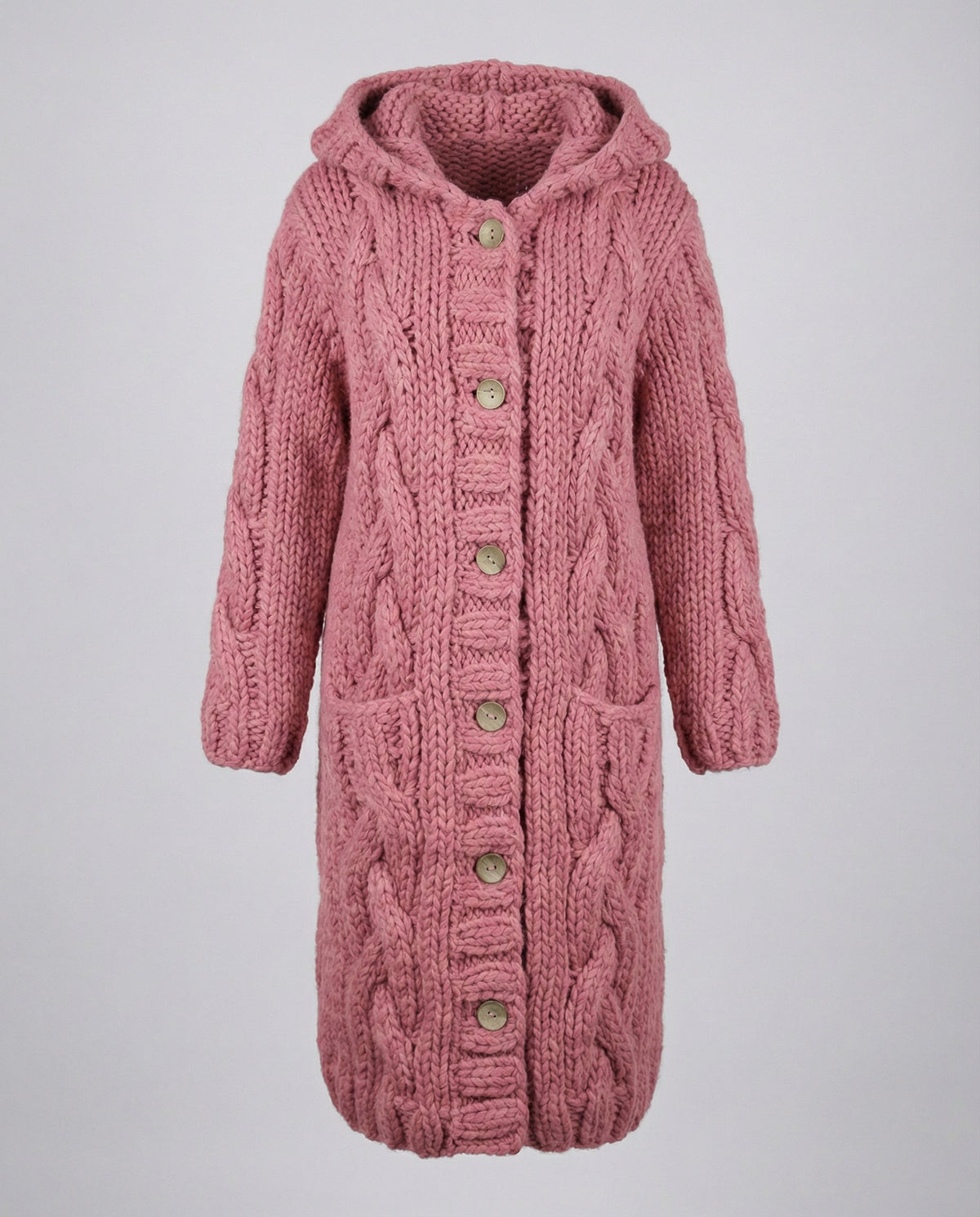 Women's Chunky Cable Knit Cardigan in Rose Pink