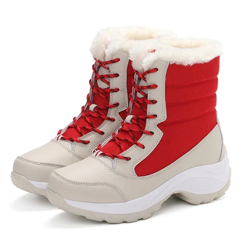 Women's Chunky Sole Lace Up Winter Boots in Red