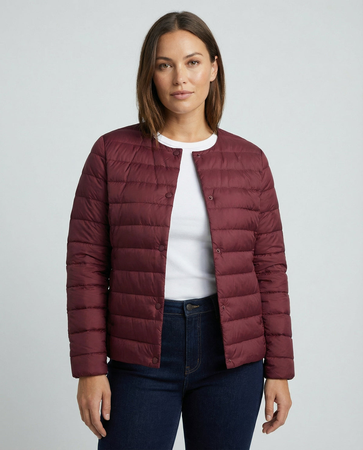 Women's Collarless Down Jacket in Burgundy
