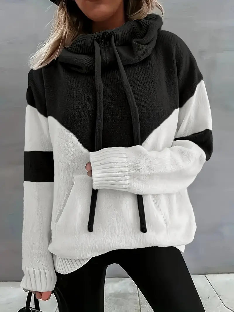 Women's Color Block Knit Hoodie in Black