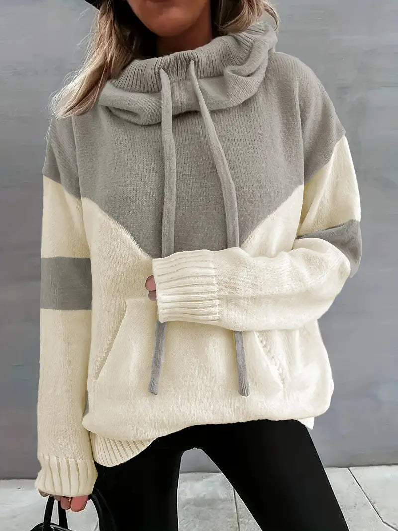 Women's Color Block Knit Hoodie in Stone