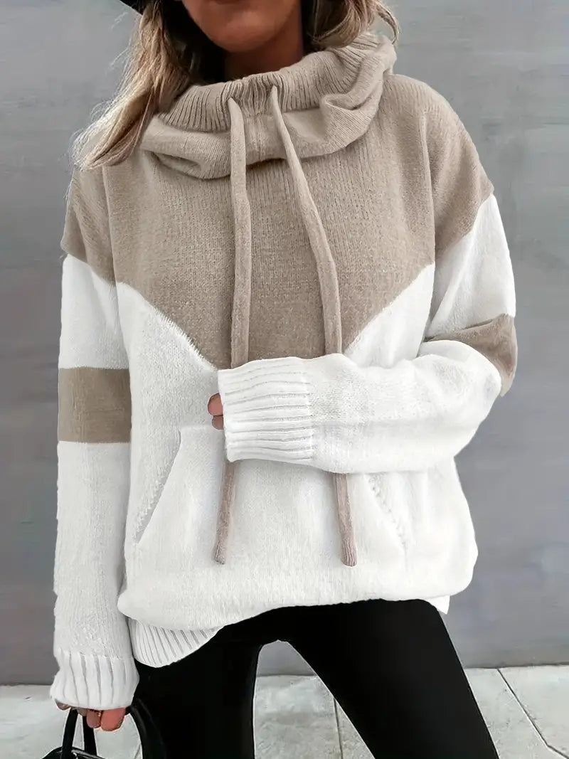 Women's Color Block Knit Hoodie in Taupe