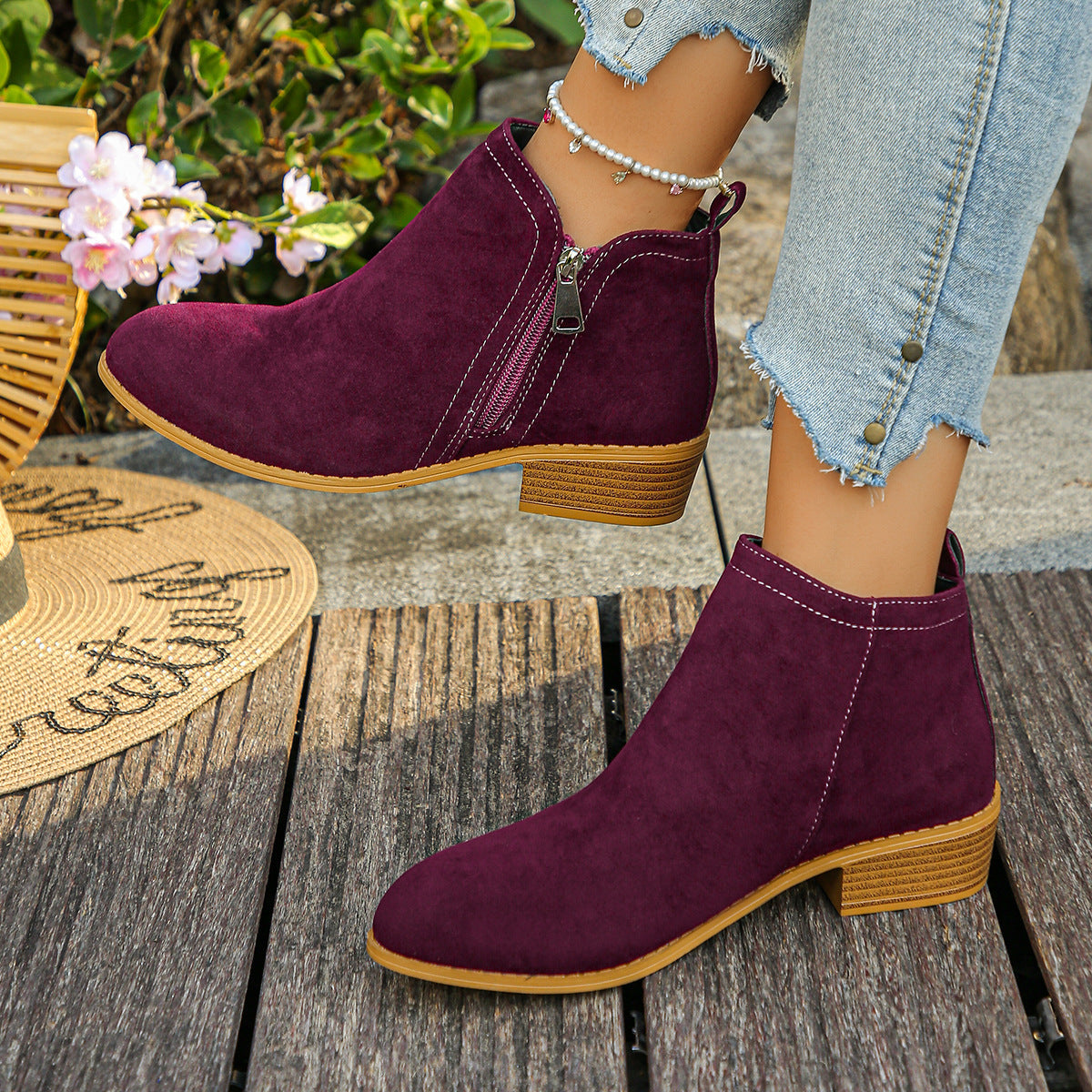 Women's Contrast Stitch Ankle Boots in Wine Red