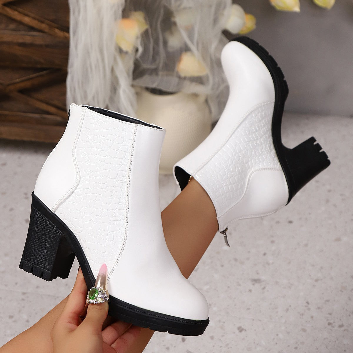 Women's Croc Panel Ankle Boots in White