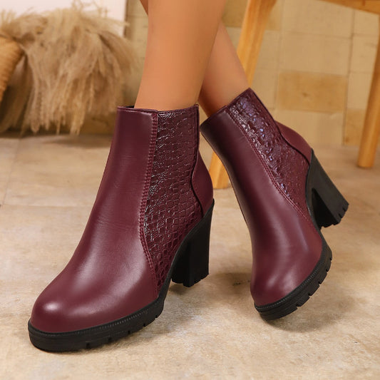 Women's Croc Panel Ankle Boots in Wine Red