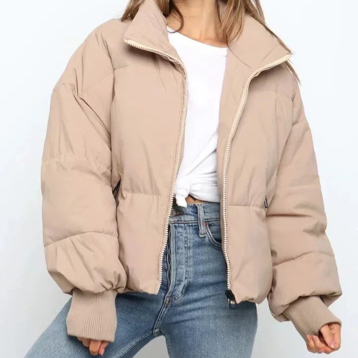 Women's Cropped Puffer Jacket in Beige