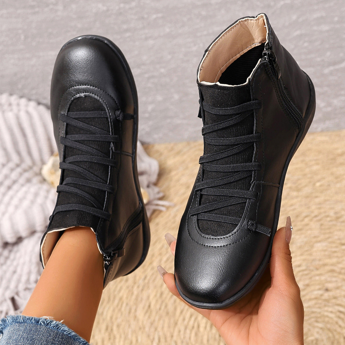 Women's Cross Lace Ankle Boots in Black