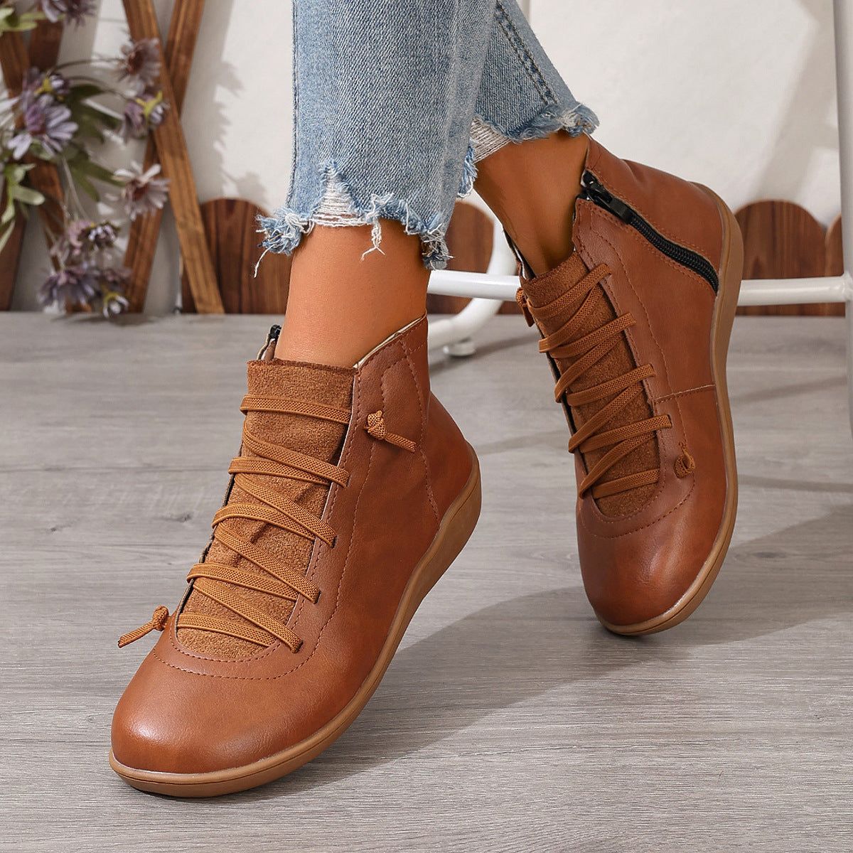 Women's Cross Lace Ankle Boots in Brown