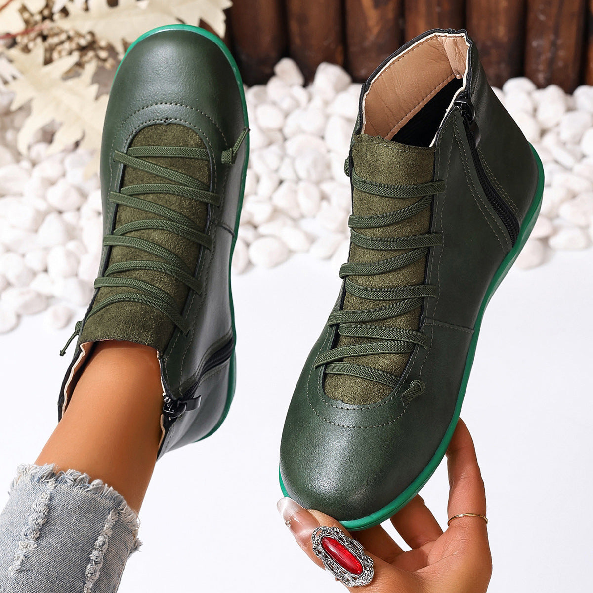 Women's Cross Lace Ankle Boots in Green