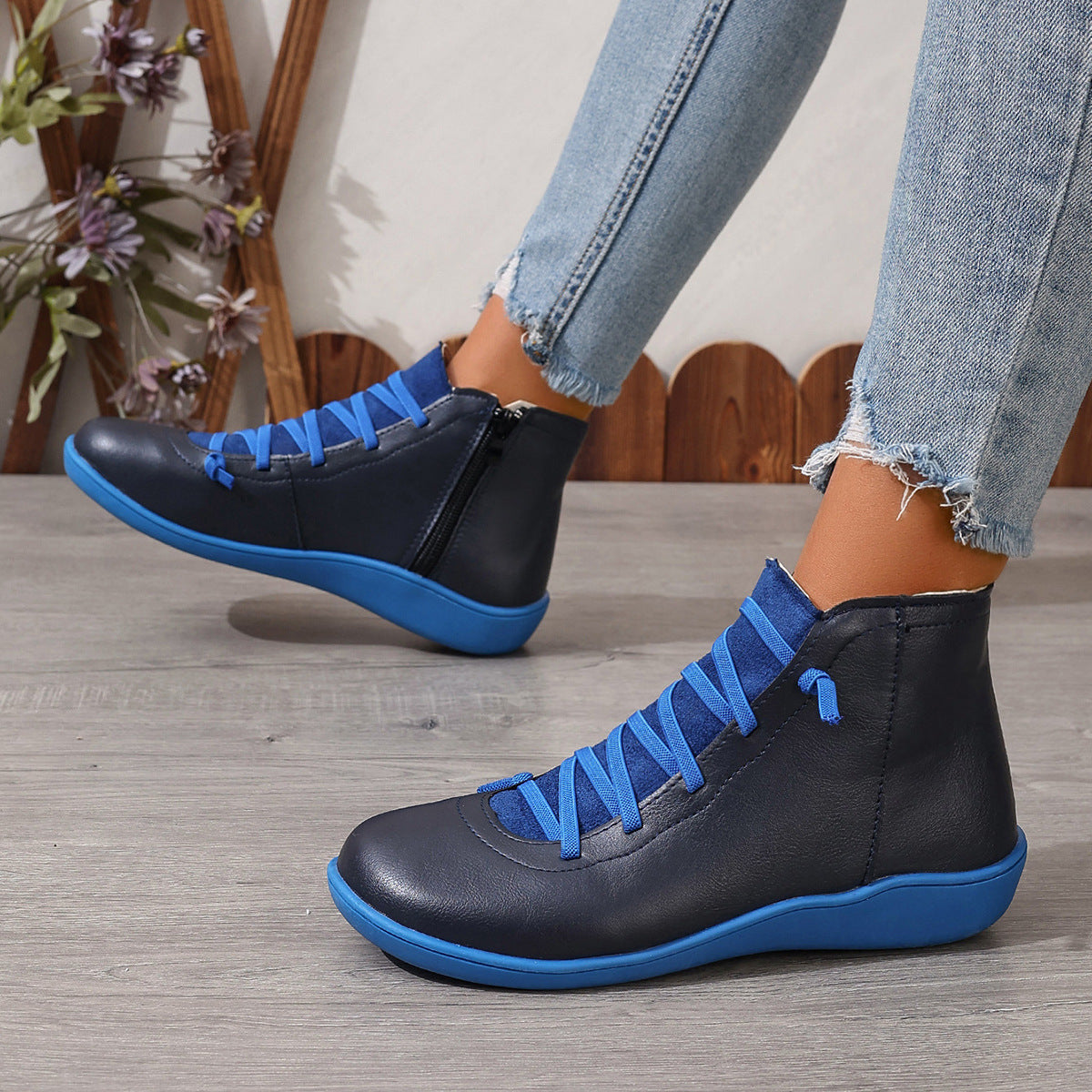 Women's Cross Lace Ankle Boots in Navy