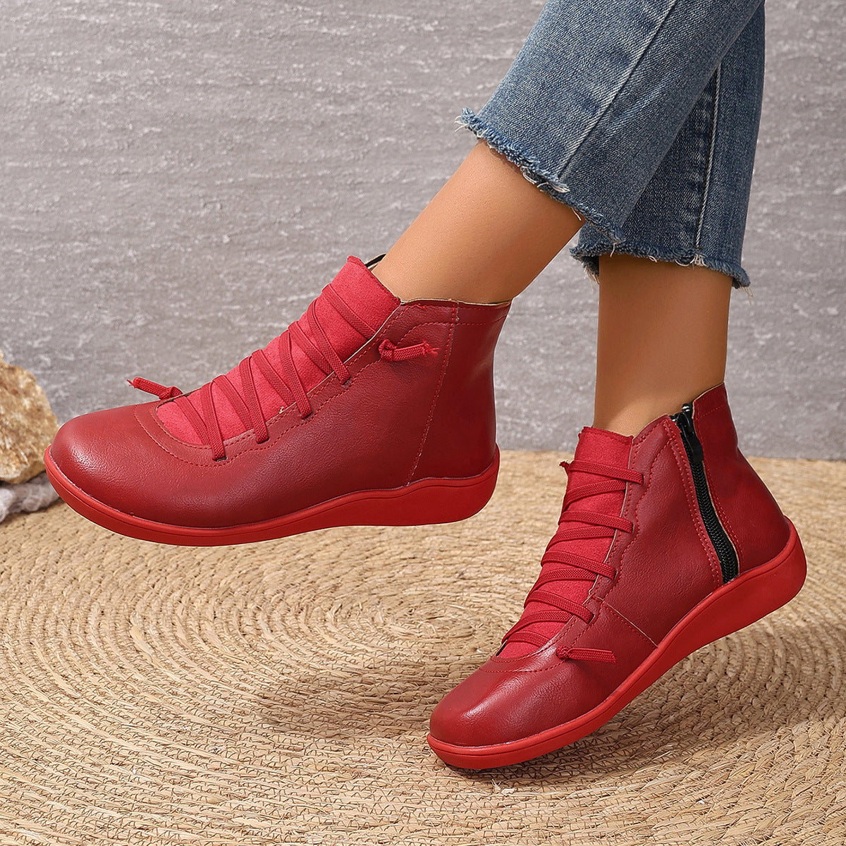 Women's Cross Lace Ankle Boots in Red