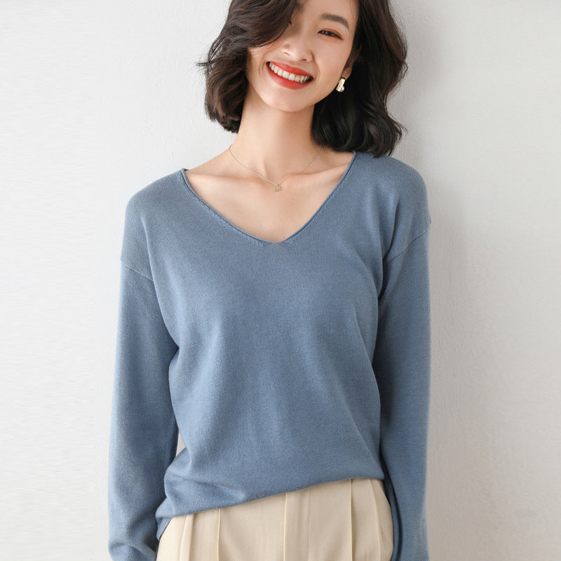 Women's Dropped Shoulder Knit Sweater in Dusty Blue
