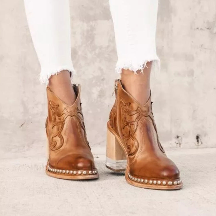 Women's Embroidered Ankle Boots in Brown
