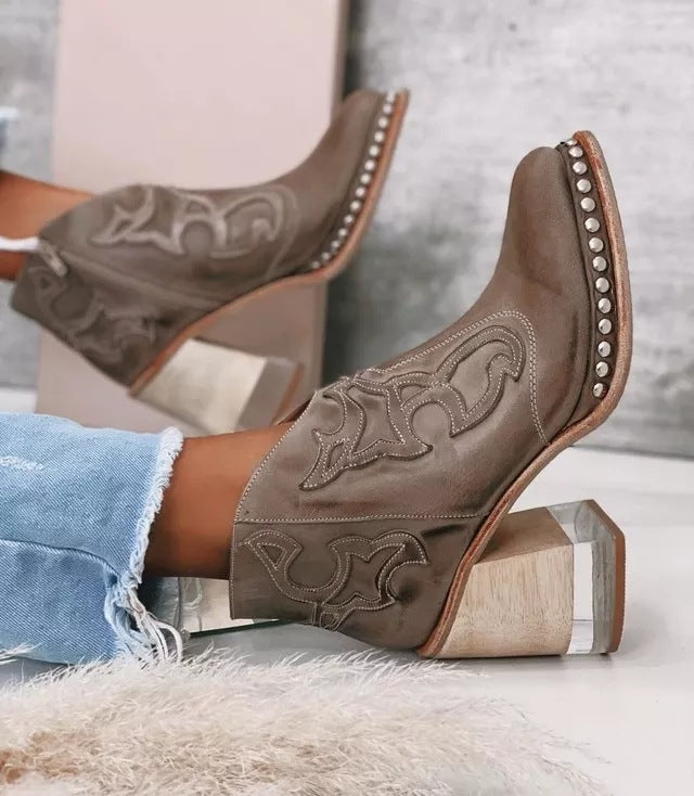Women's Embroidered Ankle Boots in Taupe