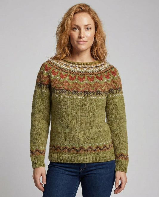 Women's Fair Isle Yoke Sweater in Olive Green