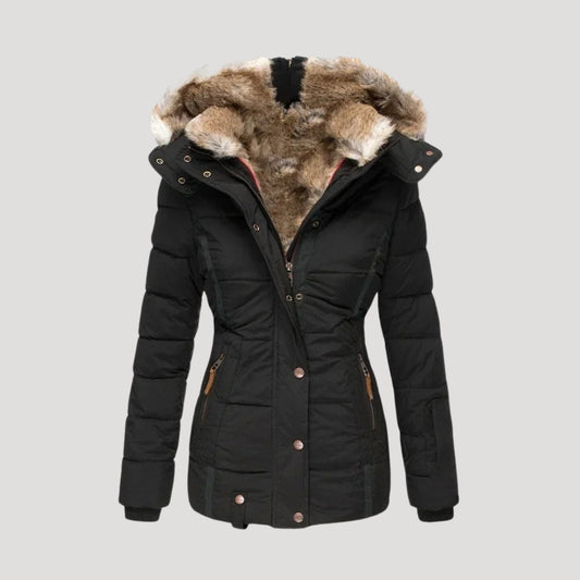 Women's Faux Fur Cape Puffer Winter Jacket in Black