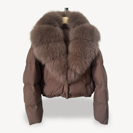 Women's Faux Fur Collar Puffer Winter Jacket in Brown