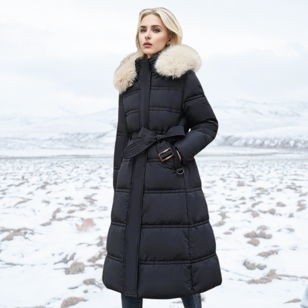 Women's Faux Fur Hood Maxi Puffer Winter Jacket in Black
