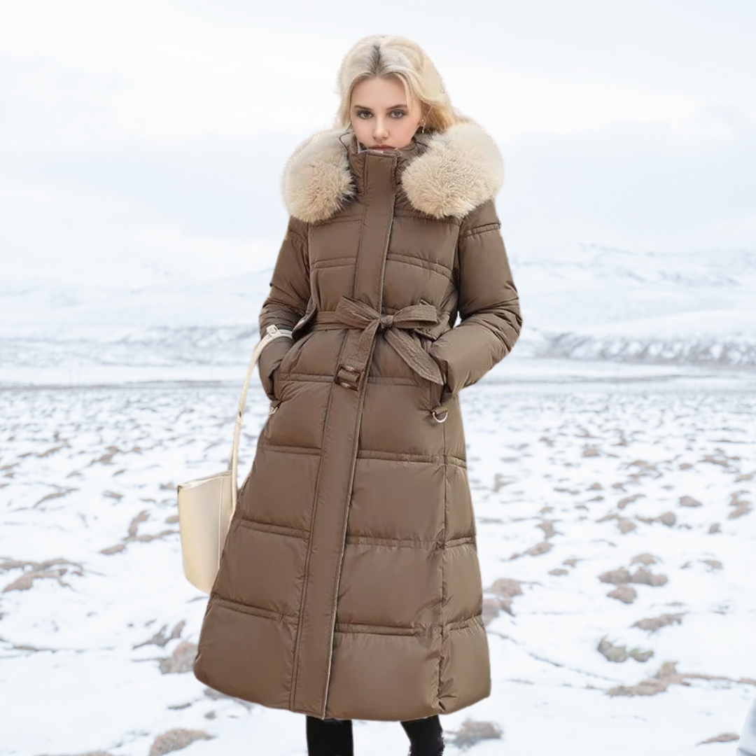 Women's Faux Fur Hood Maxi Puffer Winter Jacket in Brown