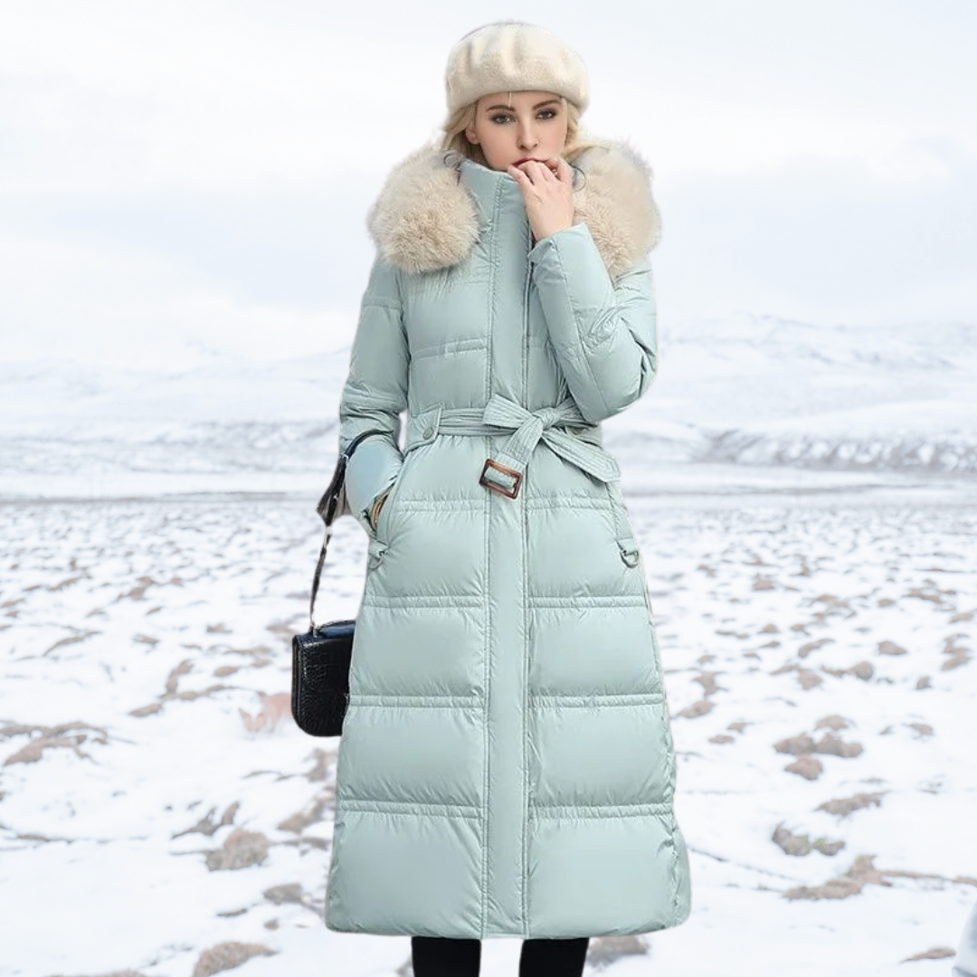 Women's Faux Fur Hood Maxi Puffer Winter Jacket in Light Blue