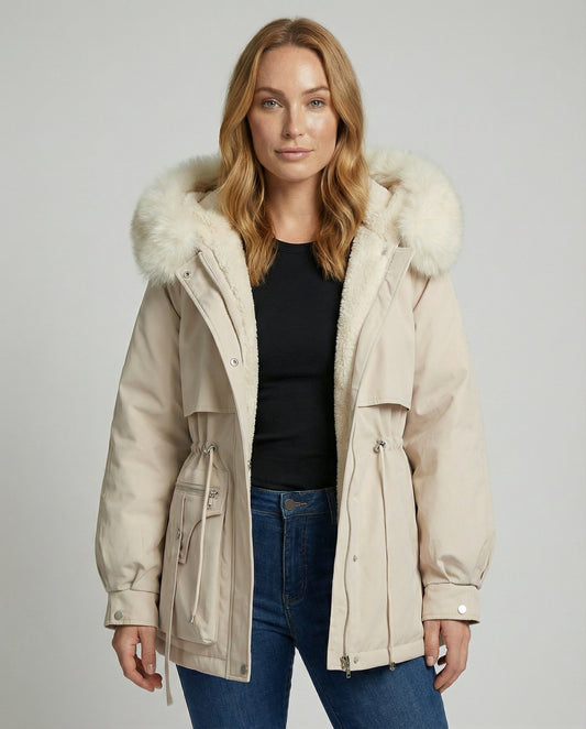 Women's Faux Fur Hood Parka Winter Jacket in Ivory