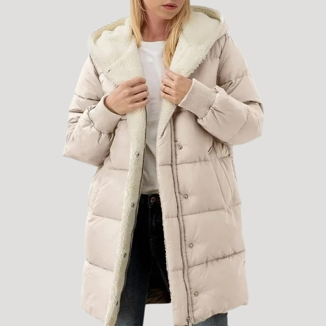 Women's Faux Fur Hood Puffer Jacket in Beige