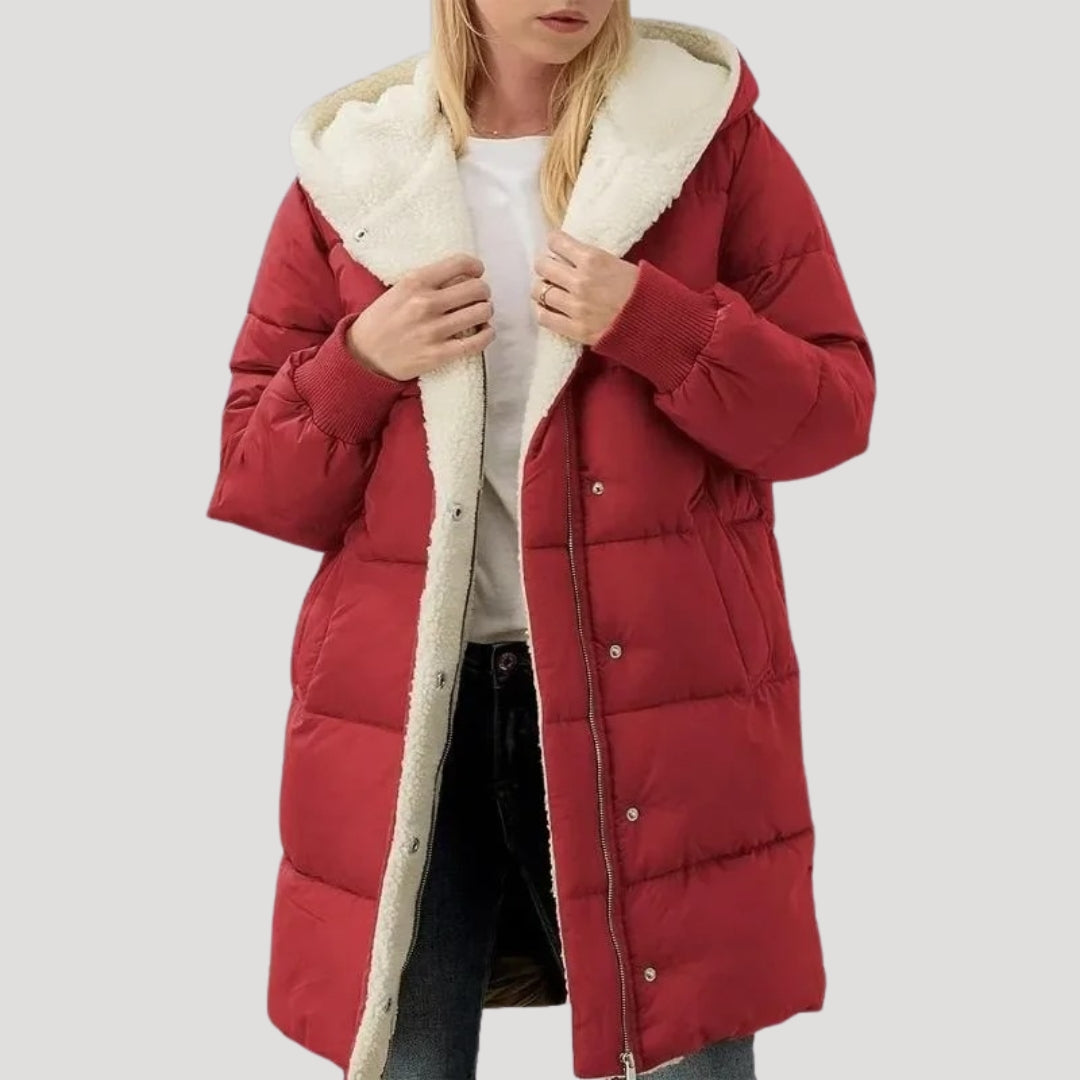 Women's Faux Fur Hood Puffer Jacket in Red