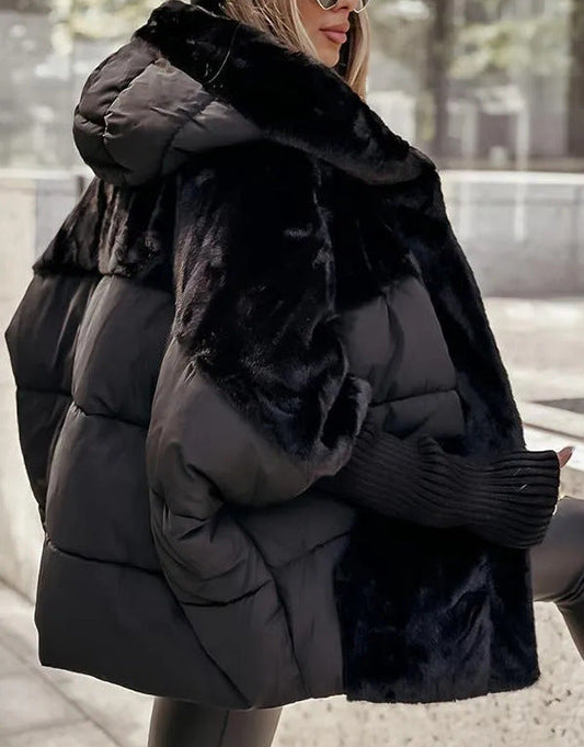 Women's Faux Fur Panel Puffer Winter Jacket in Black