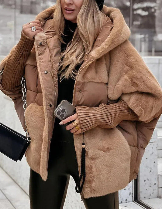 Women's Faux Fur Panel Puffer Winter Jacket in Camel