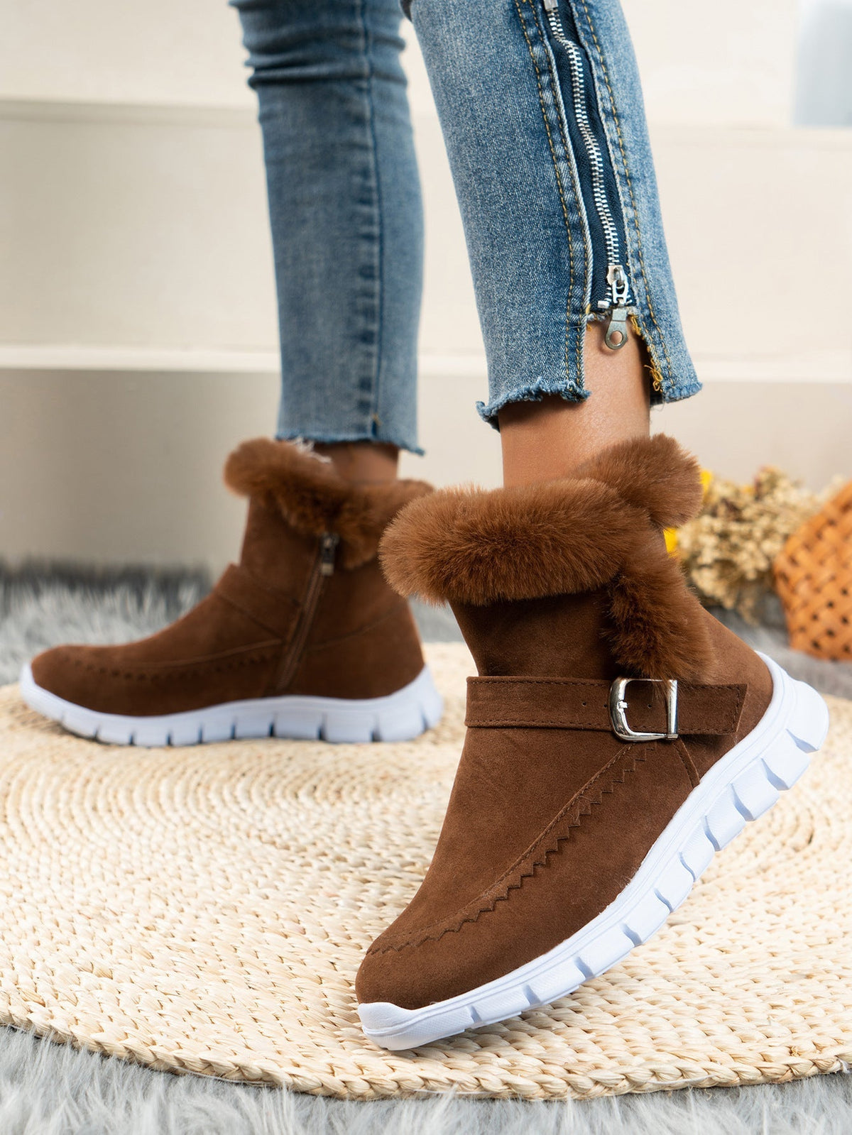 Women's Faux Fur Trim Ankle Boots in Brown