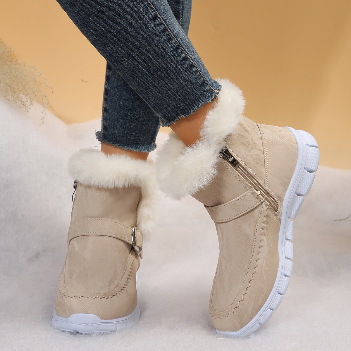 Women's Faux Fur Trim Ankle Boots in Cream