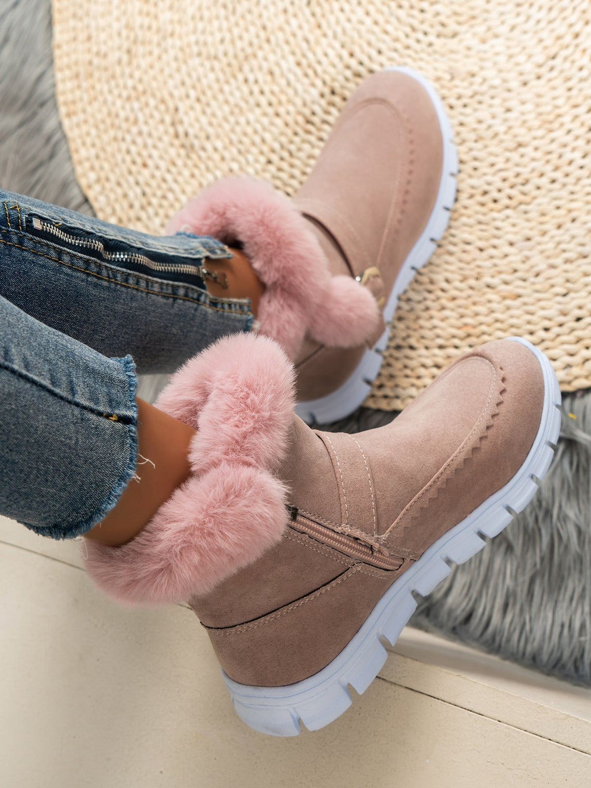 Women's Faux Fur Trim Ankle Boots in Pink