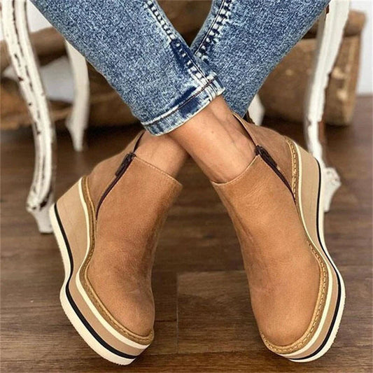 Women's Faux Leather Wedge Ankle Boots in Camel