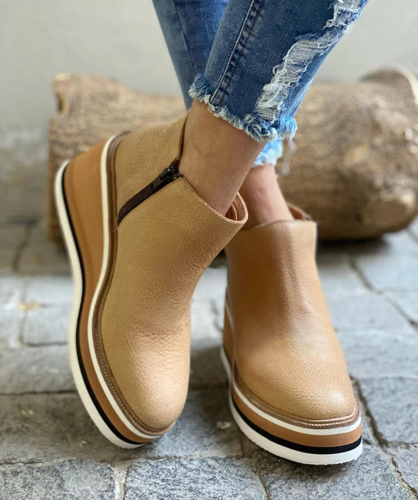 Women's Faux Leather Wedge Ankle Boots in Tan