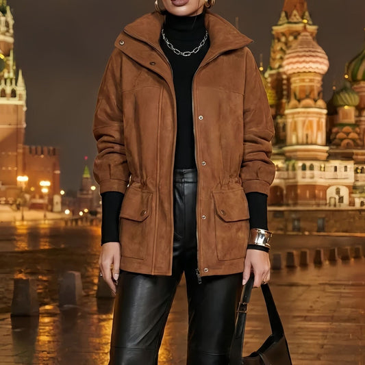Women's Faux Suede Utility Winter Jacket in Brown