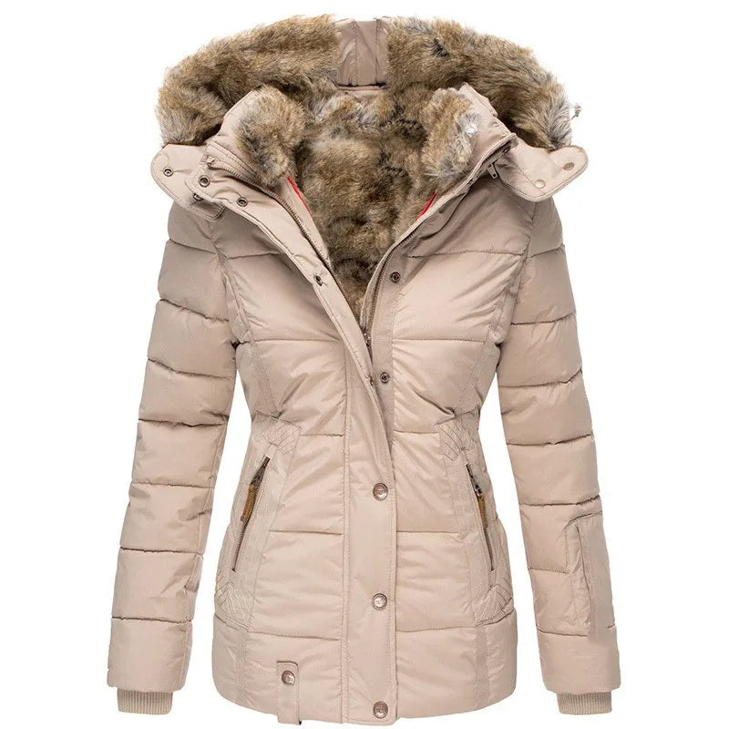 Women's Fitted Hooded Puffer Jacket in Beige