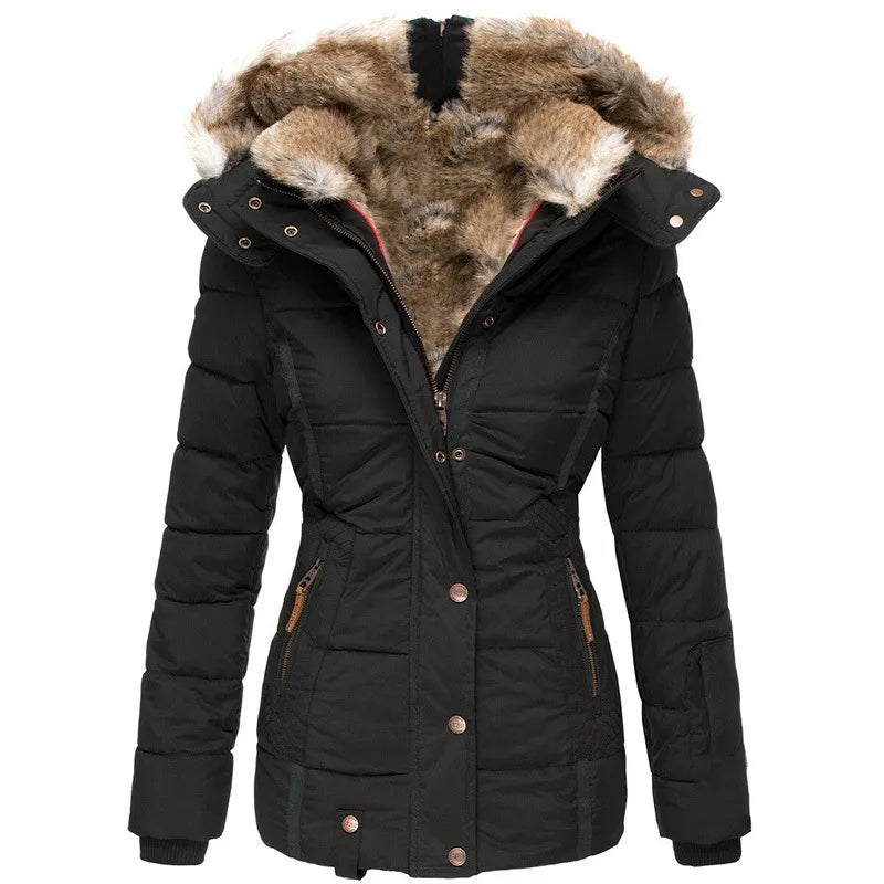 Women's Fitted Hooded Puffer Jacket in Black