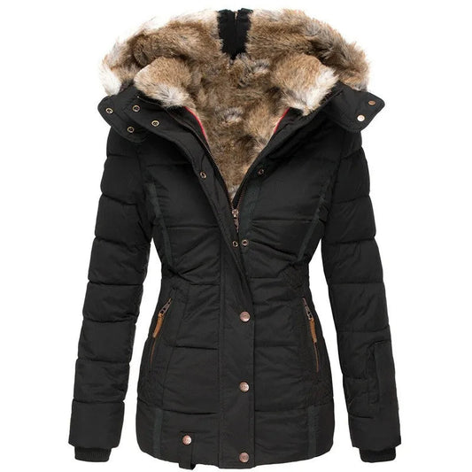 Women's Fitted Hooded Puffer Jacket in Black