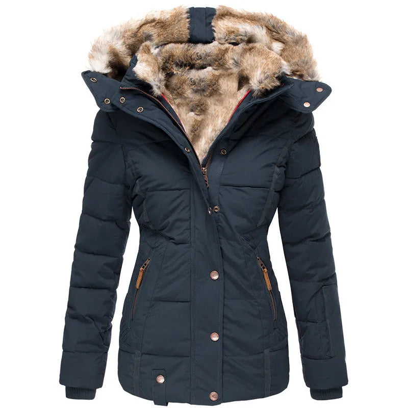 Women's Fitted Hooded Puffer Jacket in Navy Blue