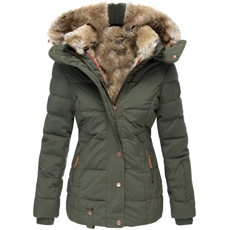 Women's Fitted Hooded Puffer Jacket in Olive Green